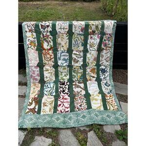 Vintage Kashmiri Handmade Quilt Green Size 57" x 76" Twin Throw Heriloom Ehtnic